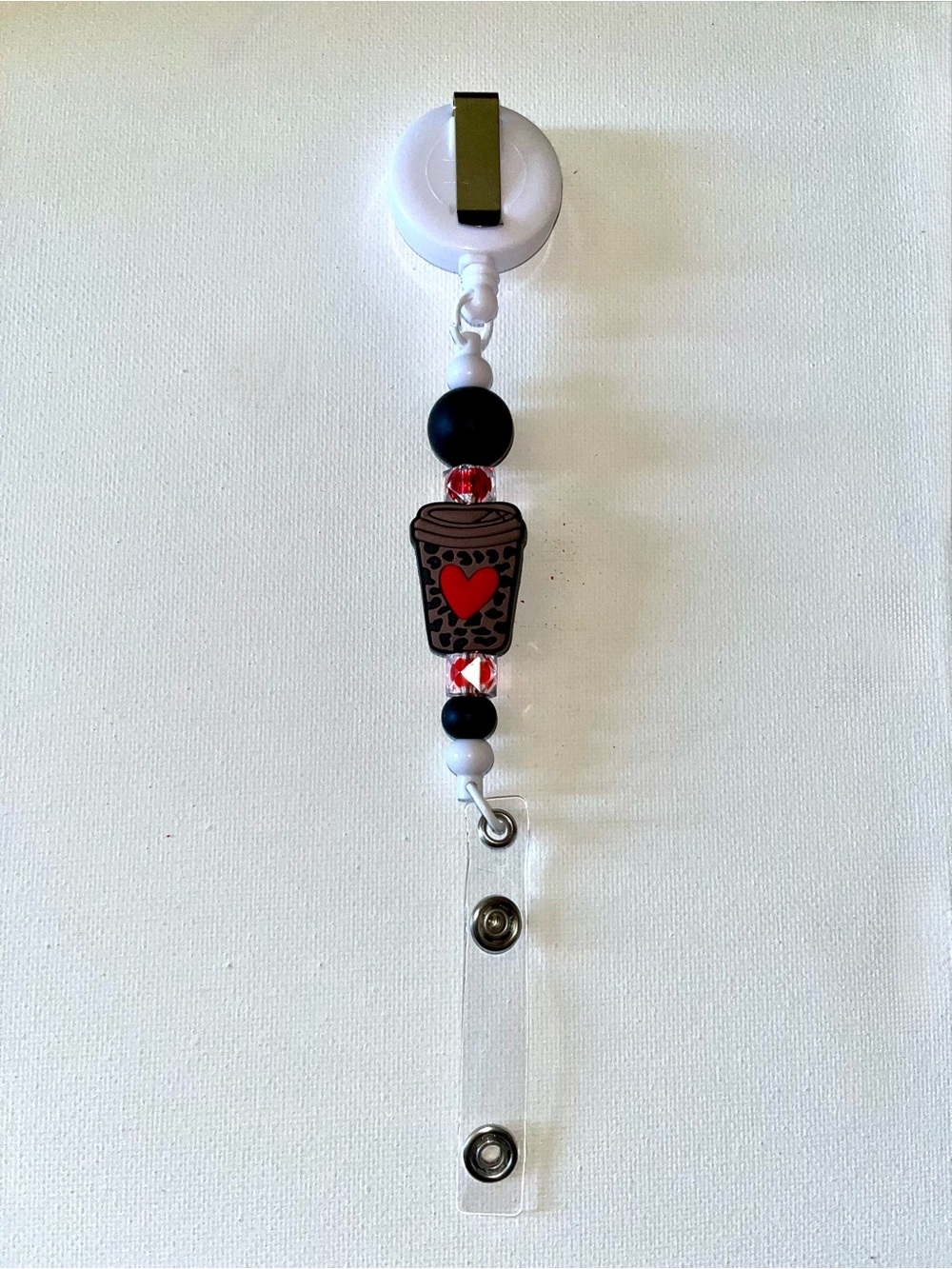Heart Coffee/Tea Beaded Badge Reel - w/Sparkly beads and Animal Print - Picture 2 of 2